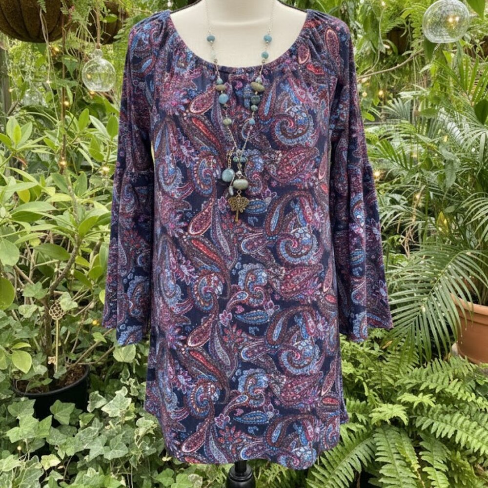 WinWin Bell Sleeve Tunic Top Navy Paisley Print Boho Whimsical Goth Size L/XL